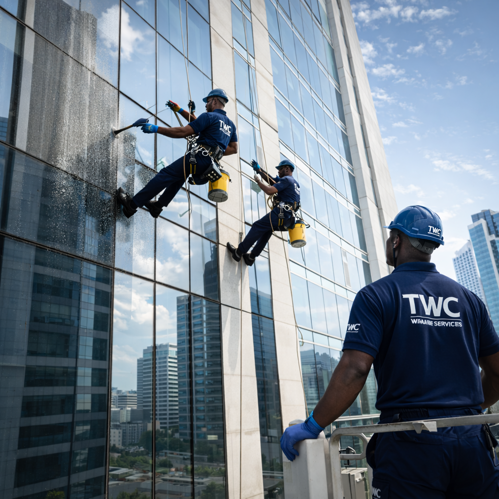 Nettoyage de façade de building par l'equipe TWC